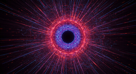 An abstract rendering of a tunnel with red and blue lights converging towards a central black hole