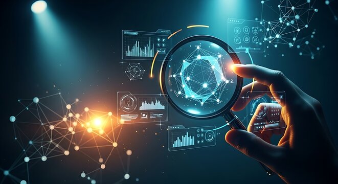 Research and Development (R&D) concept. A hand examines a holographic molecule with a digital magnifying glass, symbolizing scientific discovery. - Powered by Adobe