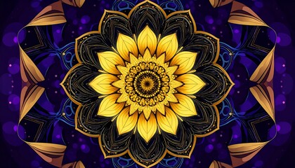 Radiant Mandala Illustration with Golden Flower, Ornament and dark Background