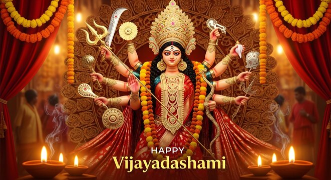 Goddess durga in her divine form celebrating vijayadashami with illuminated lamps and traditional decorations