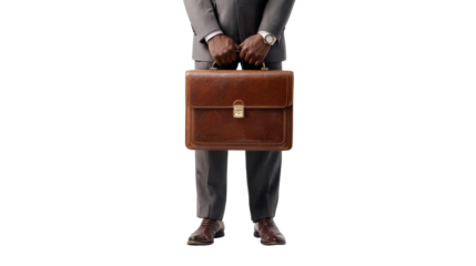 Businessman holding a brown briefcase, dressed in a formal suit, isolated on a white background.