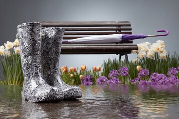 Colorful rubber rain boots sit on a wet ground next to a park bench.