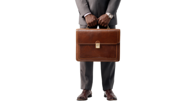 Businessman holding a brown briefcase, dressed in a formal suit, isolated on a white background.