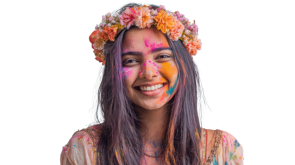 Cheerful young woman with colorful powder on her face, wearing a flower crown, isolated on a white background.