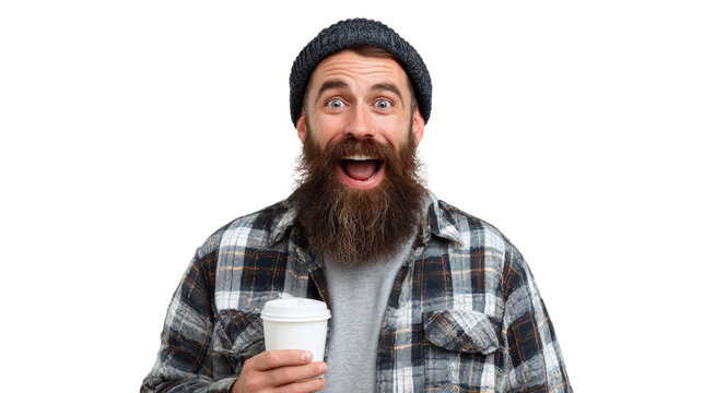 Cheerful man with beard and plaid shirt holding coffee cup, expressing joy against white background.