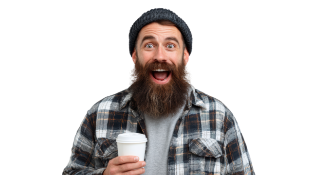 Cheerful man with beard and plaid shirt holding coffee cup, expressing joy against white background. - Powered by Adobe