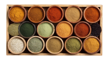 Colorful assortment of spices in wooden bowls on a wooden tray.