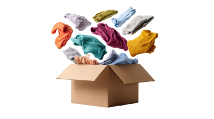 Colorful clothes bursting from a cardboard box on a white background.