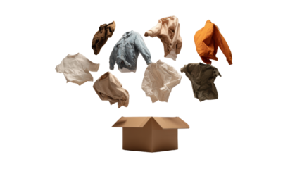 Colorful clothes flying out of a cardboard box, isolated on a white background.