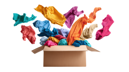 Colorful clothes flying out of a cardboard box on a white isolated background.