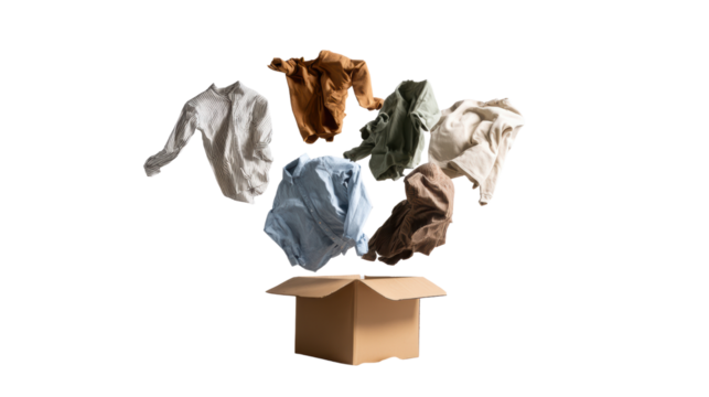 Colorful clothes flying out of a cardboard box on a white isolated background.