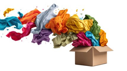 Colorful clothes overflowing from a cardboard box against a white background.
