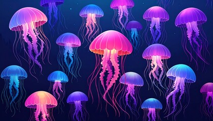 Vibrant jellyfish populate a dark underwater scene, illuminated by a spectrum of glowing colors.