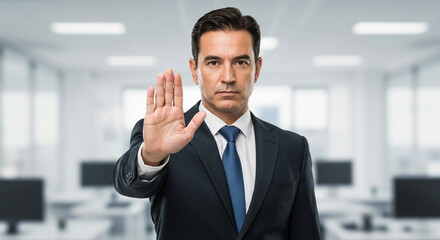 Businessman in suit with hand raised in stop gesture against blurred office background looking at camera