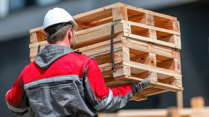 Worker carrying a wooden pallet outdoors.