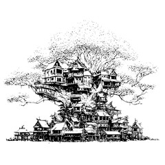 Obraz premium Detailed treehouse village illustration black and white architecture fantasy art print for home decor and design