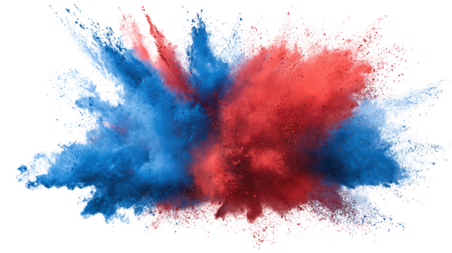 Colorful explosion of red and blue powder on a black background, perfect for creative designs.