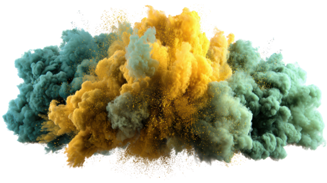 Colorful explosion of smoke in shades of teal and yellow, white isolate background
