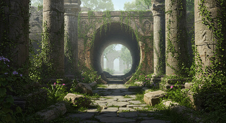 A weathered stone pathway leads through an ancient circular archway overgrown with lush vegetation