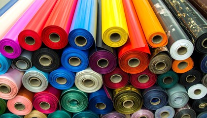 Rolled-up fabric in various vibrant colors and patterns, stacked high, showcasing a wide selection.