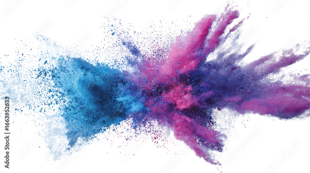 Poster colorful powder explosion on a white background, creating an artistic and dynamic visual effect.