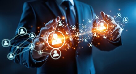 Businessman interacting with a digital network of people