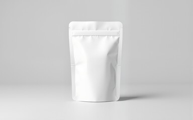 A blank, white stand-up pouch with a resealable zipper floats against a light gray background. The minimalistic and versatile design is ideal for food, coffee, or other product packaging