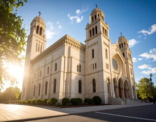 Obraz premium Grand cathedral facade bathed in golden sunlight