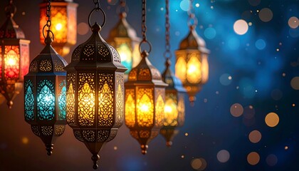 Ramadan lanterns hanging against a bokeh background, symbolizing spirituality