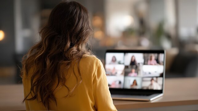 Woman with long hair attending a video conference on a laptop with multiple participants visible - Powered by Adobe