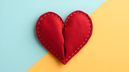 stitched broken felt heart on a on a two-color background