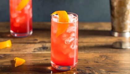 Vibrant crimson cocktail in a tall glass, garnished with an orange twist, sits atop a rustic wooden table.