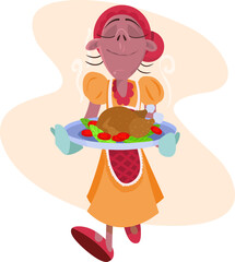 Cozinheira feliz servindo frango assado com legumes