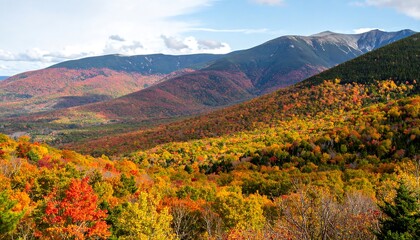 A panoramic view of vibrant autumn foliage cascading down mountain slopes, with distant peaks creating a stunning backdrop.
