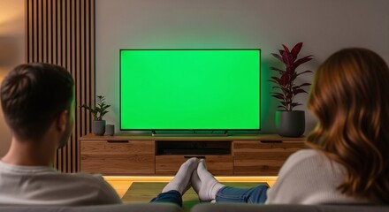 Couple Watching TV with Green Screen in Modern Living Room