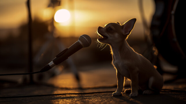 Cute puppy singing with a microphone on stage, side view. Pet rock music concept. Singing dog in concert. A small Chihuahua is sitting and howling into the microphone at an outdoor concert