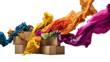 Colorful silk fabrics flowing from cardboard boxes on a white isolate background.