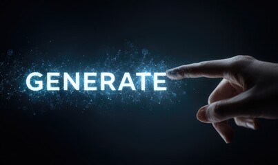 A hand points at a glowing, digital word "GENERATE