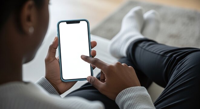Person using Smartphone in Casual Setting, Isolated on White Background - Powered by Adobe