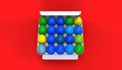 A colorful array of eggs arranged in a stylized carton, set against a vibrant red background.