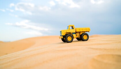 A small, bright yellow dump truck sits on a gentle slope of light beige sand dunes against a pale sky.