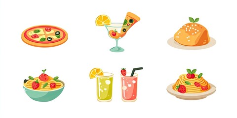 Colorful food illustrations featuring pizza, pasta, drinks, and dessert