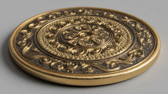 Exquisite gold medallion with ornate floral relief, a symbol of luxury and timeless elegance. - Powered by Adobe