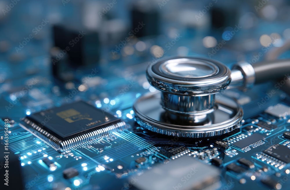 Fototapete a stethoscope rests on a complex circuit board, highlighting the intersection of medicine and techno