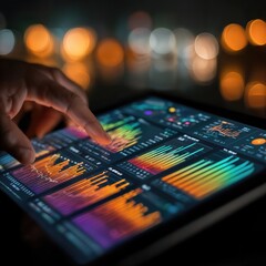 Obraz premium A person's hand interacting with a tablet screen displaying data visualizations. Colorful charts and graphs illustrate data analysis, technology and business intelligence