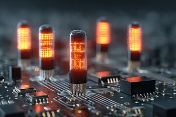 Vintage tech; glowing tubes on circuit board