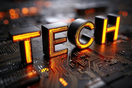 Close-up of glowing "TECH" letters on a circuit board - Powered by Adobe