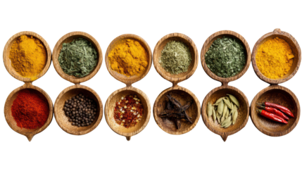Colorful spices in wooden bowls, isolated on a white background, perfect for culinary themes.