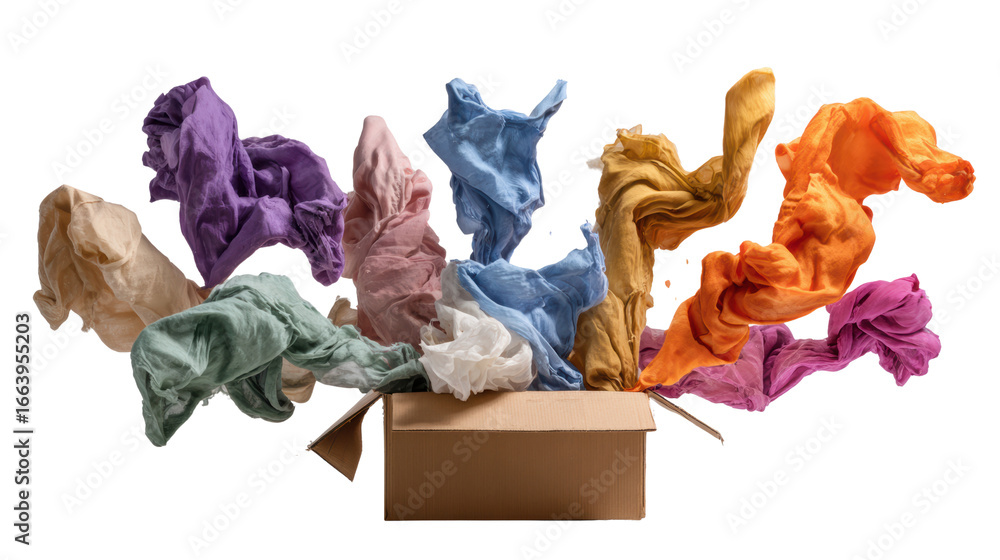 Poster colorful tissue papers emerging from an open box, creating a dynamic and vibrant display.