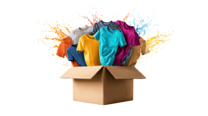 Colorful t-shirts bursting out of a cardboard box, vibrant explosion on a black background.